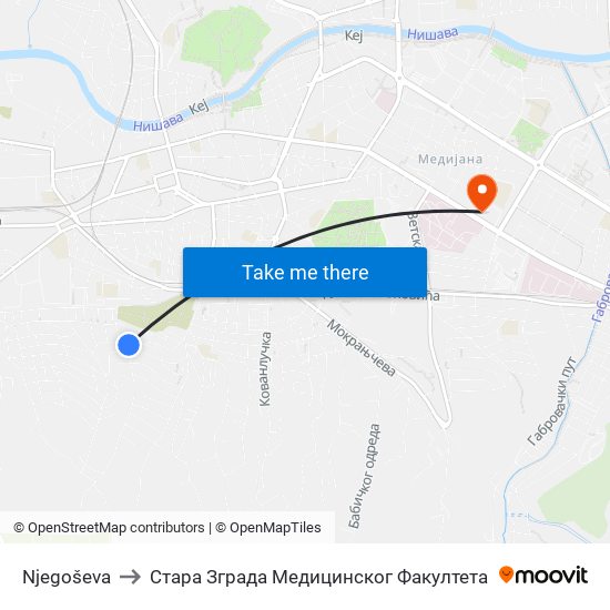 Njegoševa to Стара Зграда Медицинског Факултета map