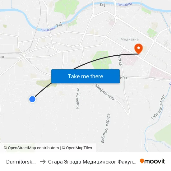 Durmitorska II to Стара Зграда Медицинског Факултета map
