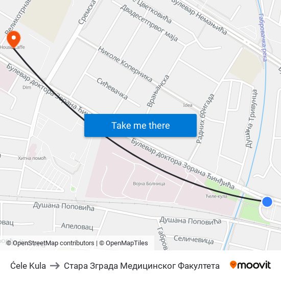 Ćele Kula to Стара Зграда Медицинског Факултета map