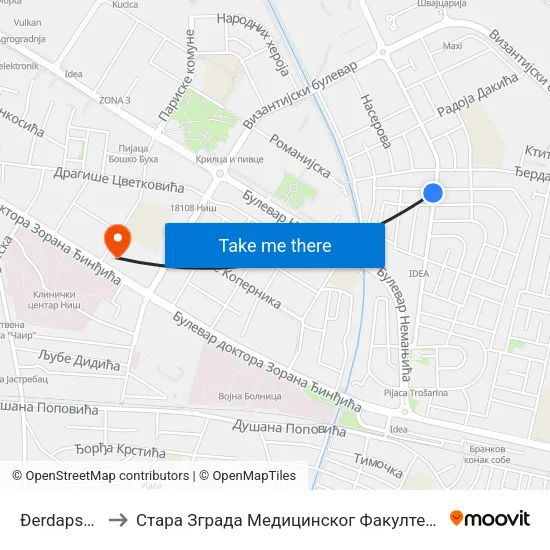 Đerdapska to Стара Зграда Медицинског Факултета map