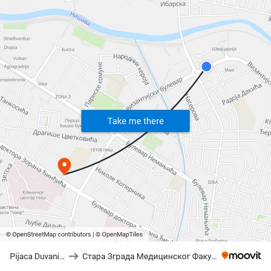 Pijaca Duvanište to Стара Зграда Медицинског Факултета map