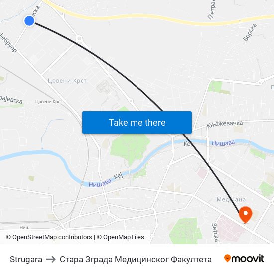 Strugara to Стара Зграда Медицинског Факултета map