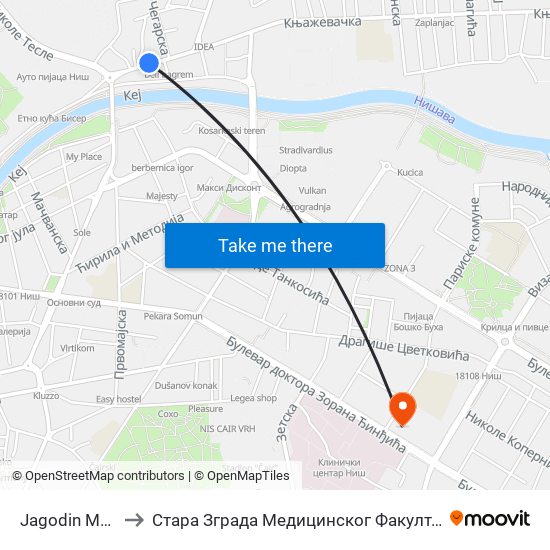 Jagodin Mala to Стара Зграда Медицинског Факултета map