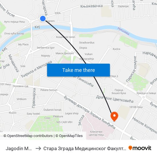 Jagodin Mala to Стара Зграда Медицинског Факултета map