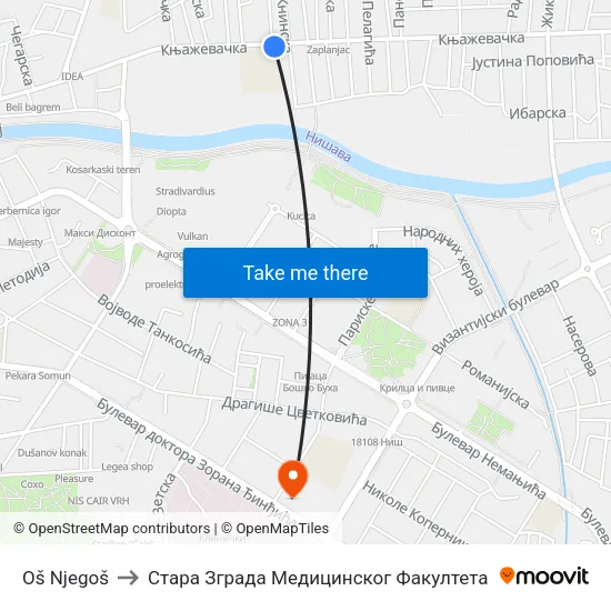 Oš Njegoš to Стара Зграда Медицинског Факултета map