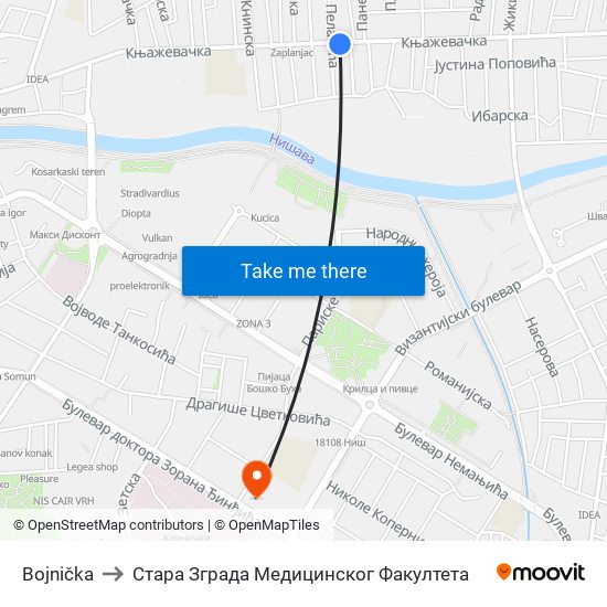 Bojnička to Стара Зграда Медицинског Факултета map