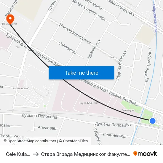 Ćele Kula 1 to Стара Зграда Медицинског Факултета map
