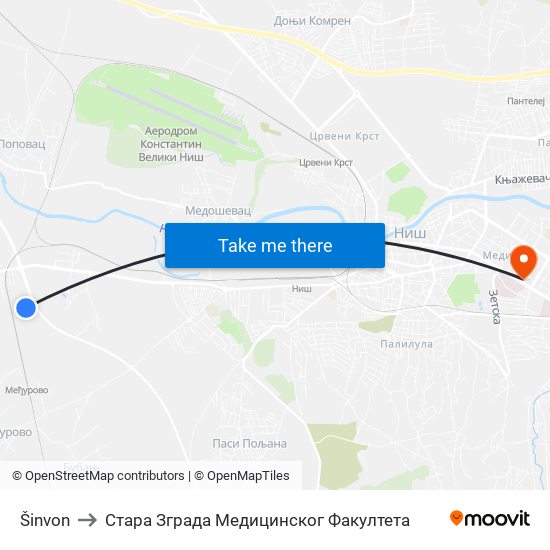 Šinvon to Стара Зграда Медицинског Факултета map