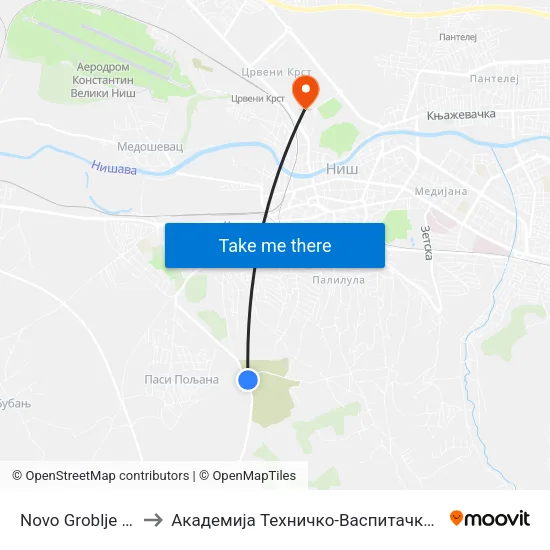 Novo Groblje (Okretnica) to Академија Техничко-Васпитачких Струковних Студија map