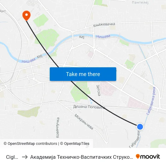 Ciglana to Академија Техничко-Васпитачких Струковних Студија map
