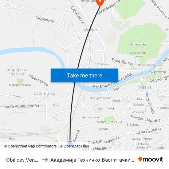 Obilićev Venac Rampa to Академија Техничко-Васпитачких Струковних Студија map