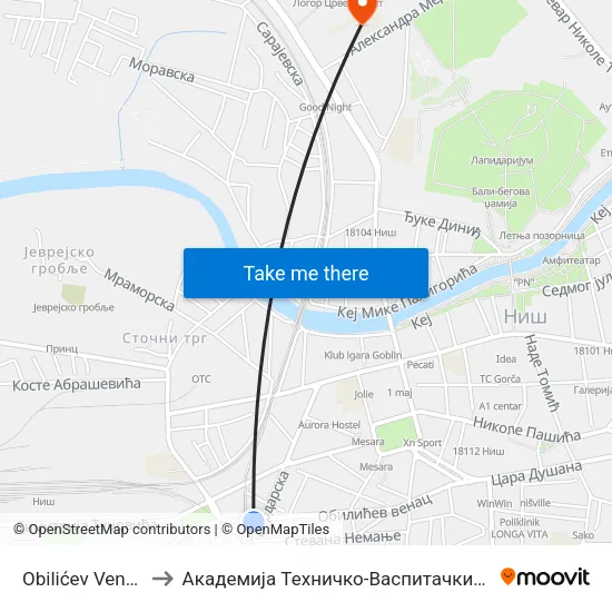 Obilićev Venac Rampa to Академија Техничко-Васпитачких Струковних Студија map