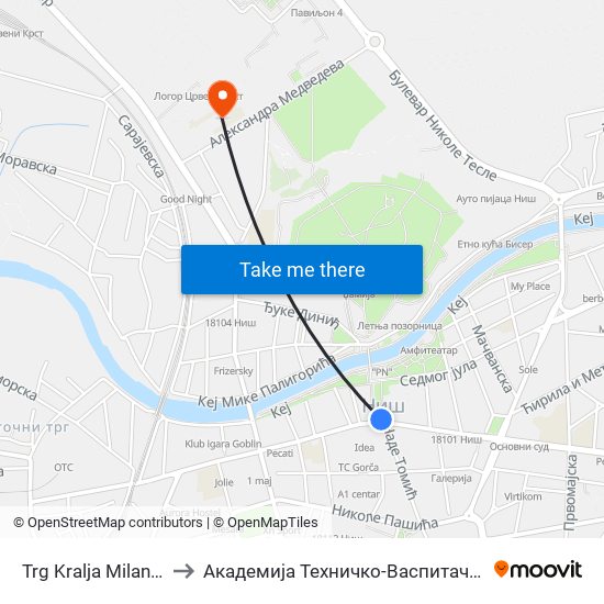 Trg Kralja Milana (Spomenik) to Академија Техничко-Васпитачких Струковних Студија map