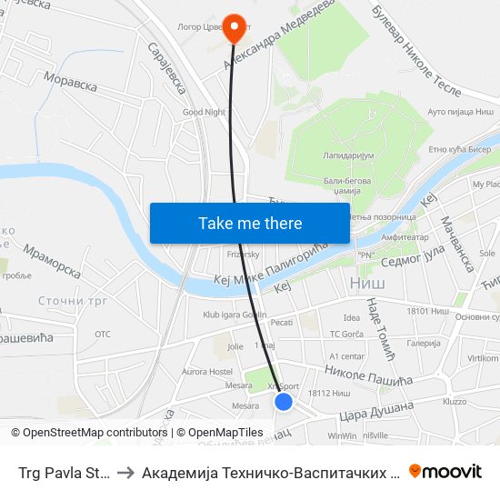 Trg Pavla Stojkovića to Академија Техничко-Васпитачких Струковних Студија map