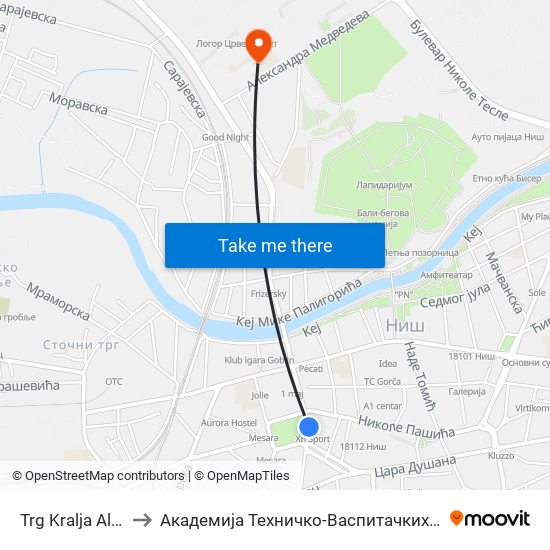 Trg Kralja Aleksandra to Академија Техничко-Васпитачких Струковних Студија map
