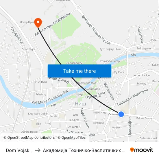 Dom Vojske Srbije to Академија Техничко-Васпитачких Струковних Студија map