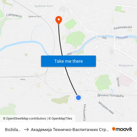 Božidarčeva to Академија Техничко-Васпитачких Струковних Студија map