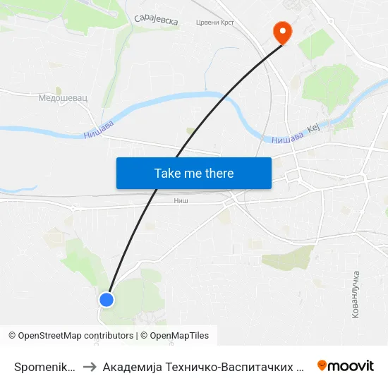 Spomenik Bubanj to Академија Техничко-Васпитачких Струковних Студија map