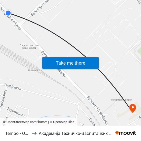 Tempo - Od Centra to Академија Техничко-Васпитачких Струковних Студија map