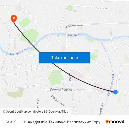 Ćele Kula 1 to Академија Техничко-Васпитачких Струковних Студија map