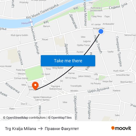 Trg Kralja Milana to Правни Факултет map