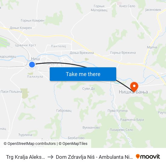 Trg Kralja Aleksandra to Dom Zdravlja Niš - Ambulanta Niška Banja map