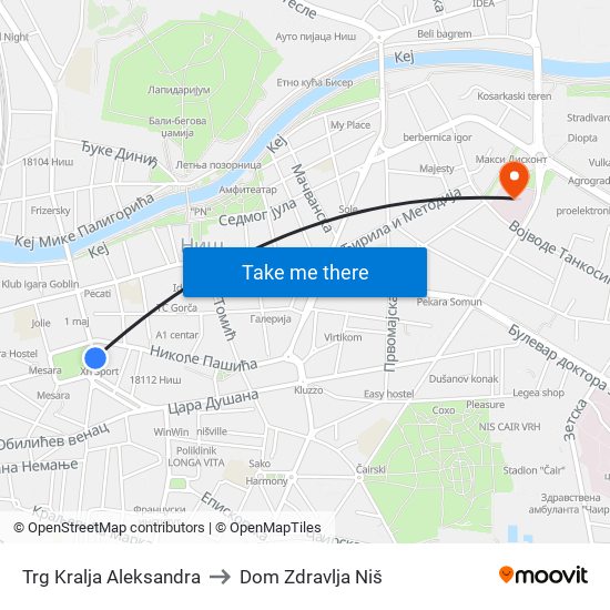Trg Kralja Aleksandra to Dom Zdravlja Niš map