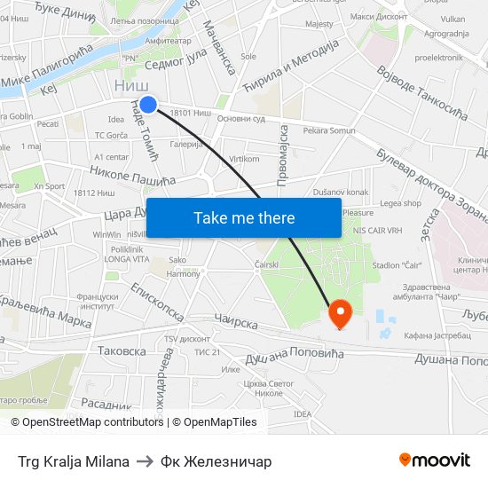 Trg Kralja Milana to Фк Железничар map