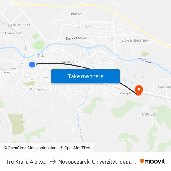 Trg Kralja Aleksandra to Novopazarski Univerzitet- departman Nis map