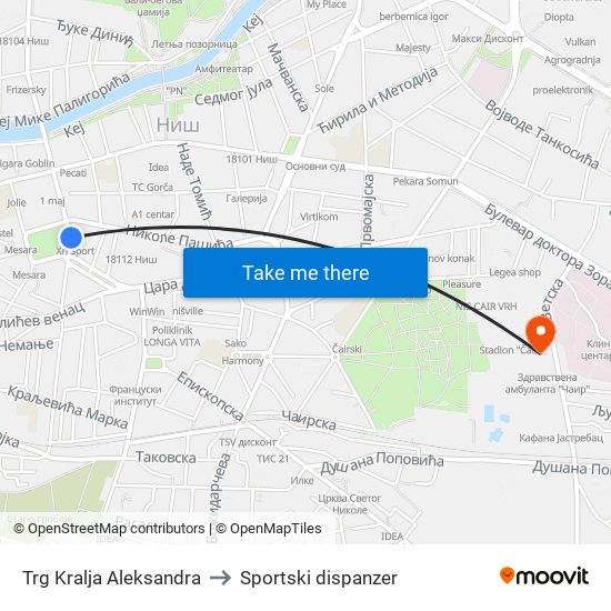 Trg Kralja Aleksandra to Sportski dispanzer map