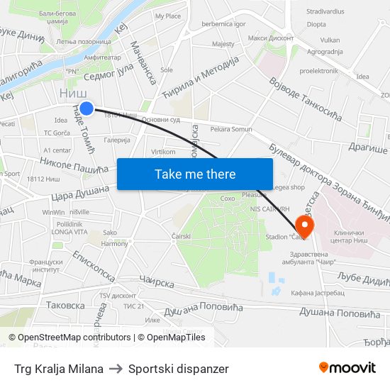 Trg Kralja Milana to Sportski dispanzer map