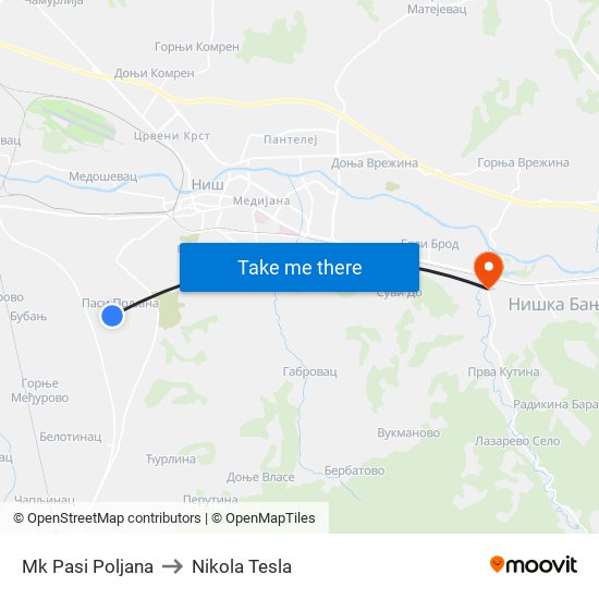 Mk Pasi Poljana to Nikola Tesla map