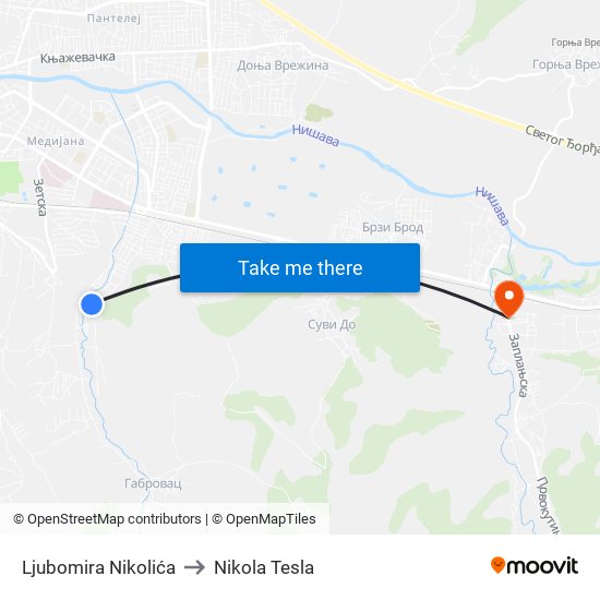 Ljubomira Nikolića to Nikola Tesla map