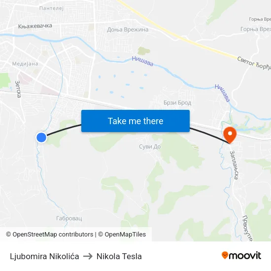 Ljubomira Nikolića to Nikola Tesla map