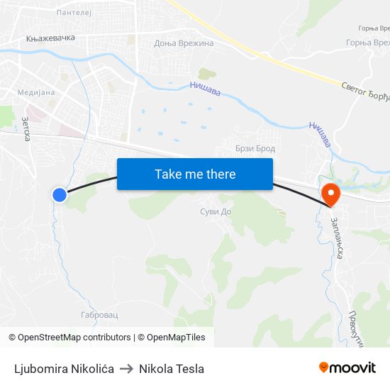 Ljubomira Nikolića to Nikola Tesla map