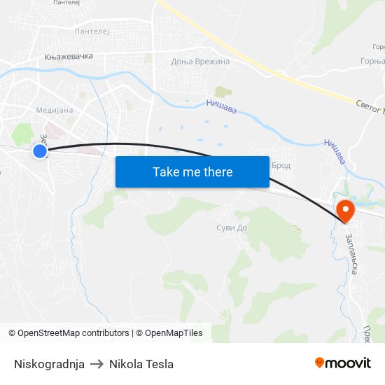 Niskogradnja to Nikola Tesla map