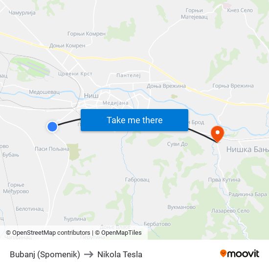 Bubanj (Spomenik) to Nikola Tesla map