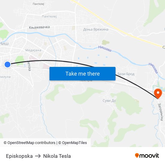 Episkopska to Nikola Tesla map