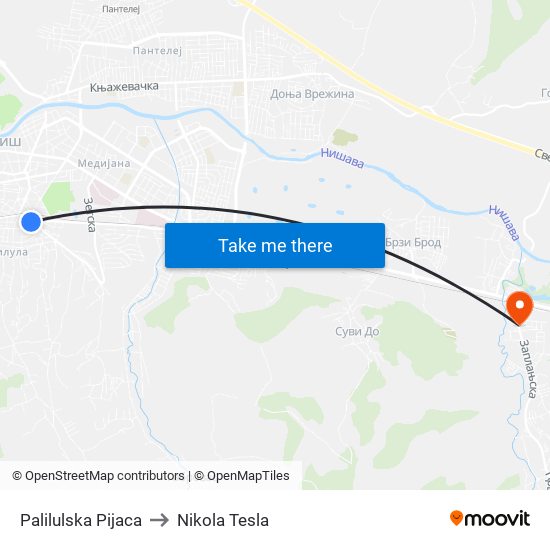 Palilulska Pijaca to Nikola Tesla map