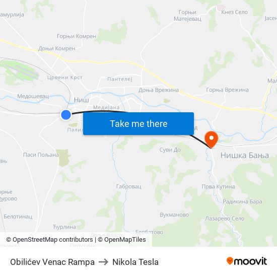 Obilićev Venac Rampa to Nikola Tesla map