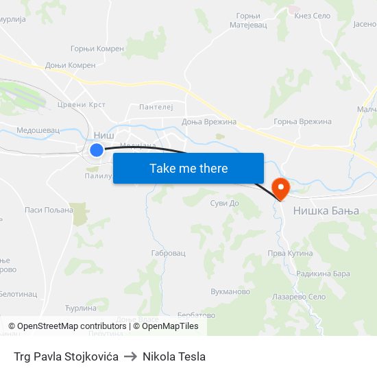 Trg Pavla Stojkovića to Nikola Tesla map