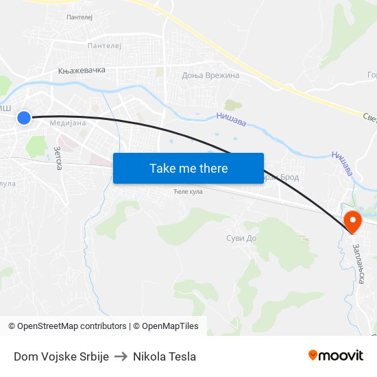 Dom Vojske Srbije to Nikola Tesla map