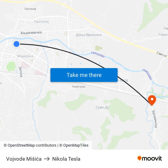 Vojvode Mišića to Nikola Tesla map