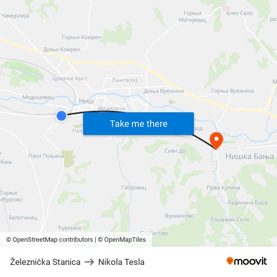 Železnička Stanica to Nikola Tesla map