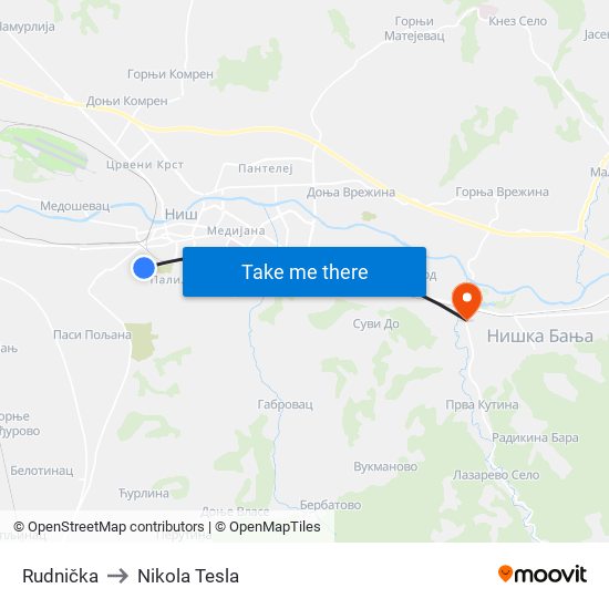 Rudnička to Nikola Tesla map