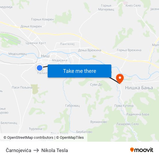 Čarnojevića to Nikola Tesla map