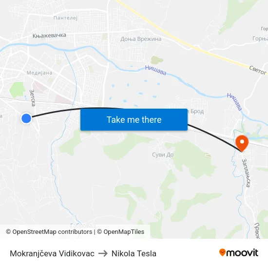 Mokranjceva Viewpoint to Nikola Tesla Street map
