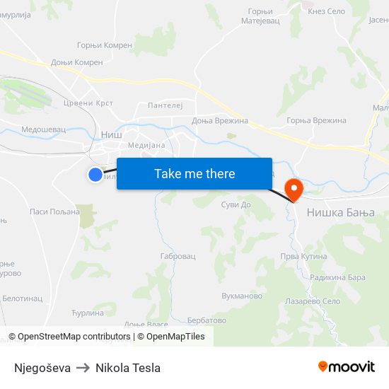 Njegoševa to Nikola Tesla map