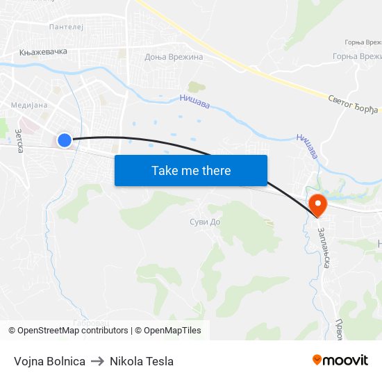 Vojna Bolnica to Nikola Tesla map