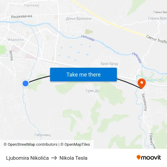 Ljubomira Nikolića to Nikola Tesla Street map